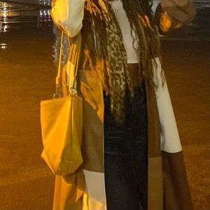 Brown + white patchwork and faux leather trench coat